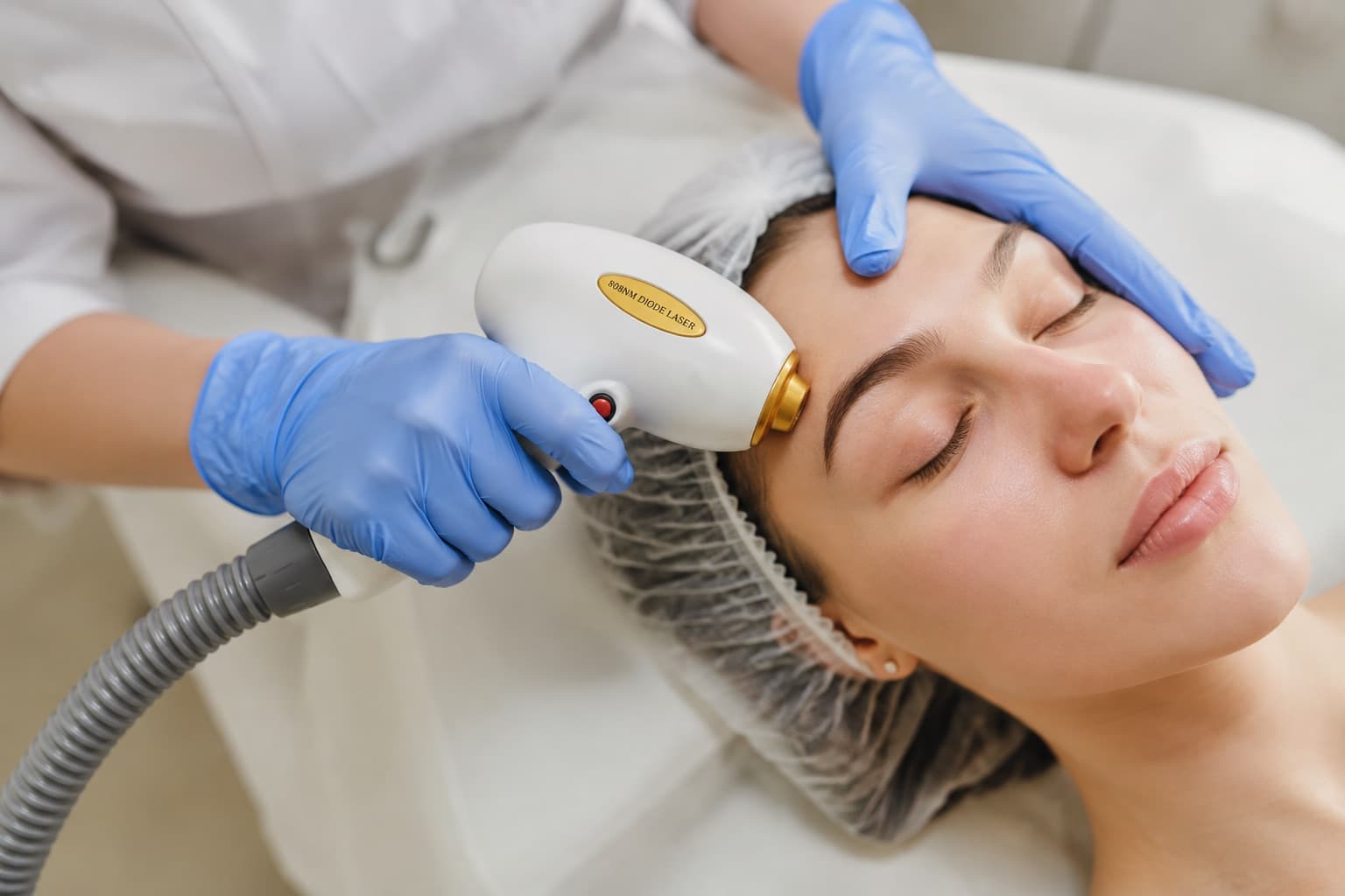 Client receiving an 808nm diode laser skin rejuvenation treatment on the face at AV Glow Bar